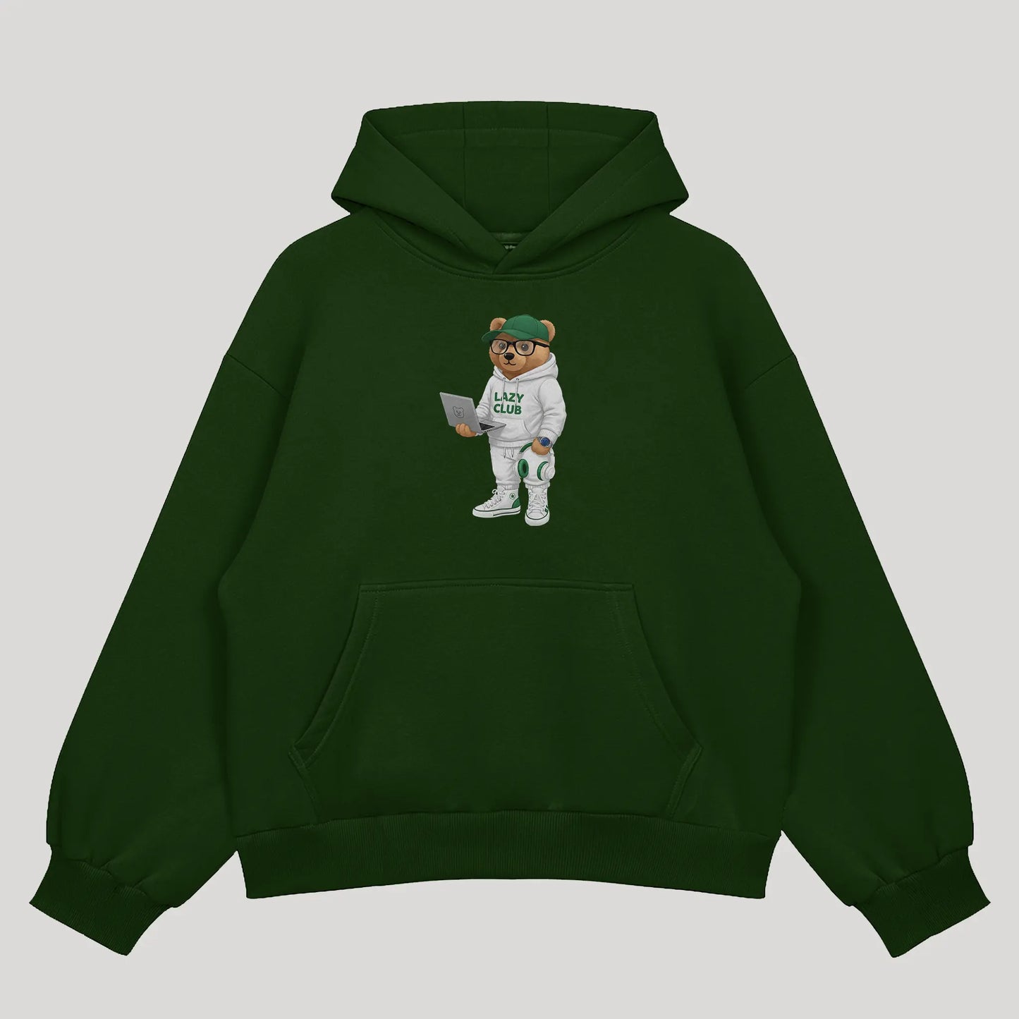 College Student Teddy Bottle Green Oversized Hoodie (Heavyweight)
