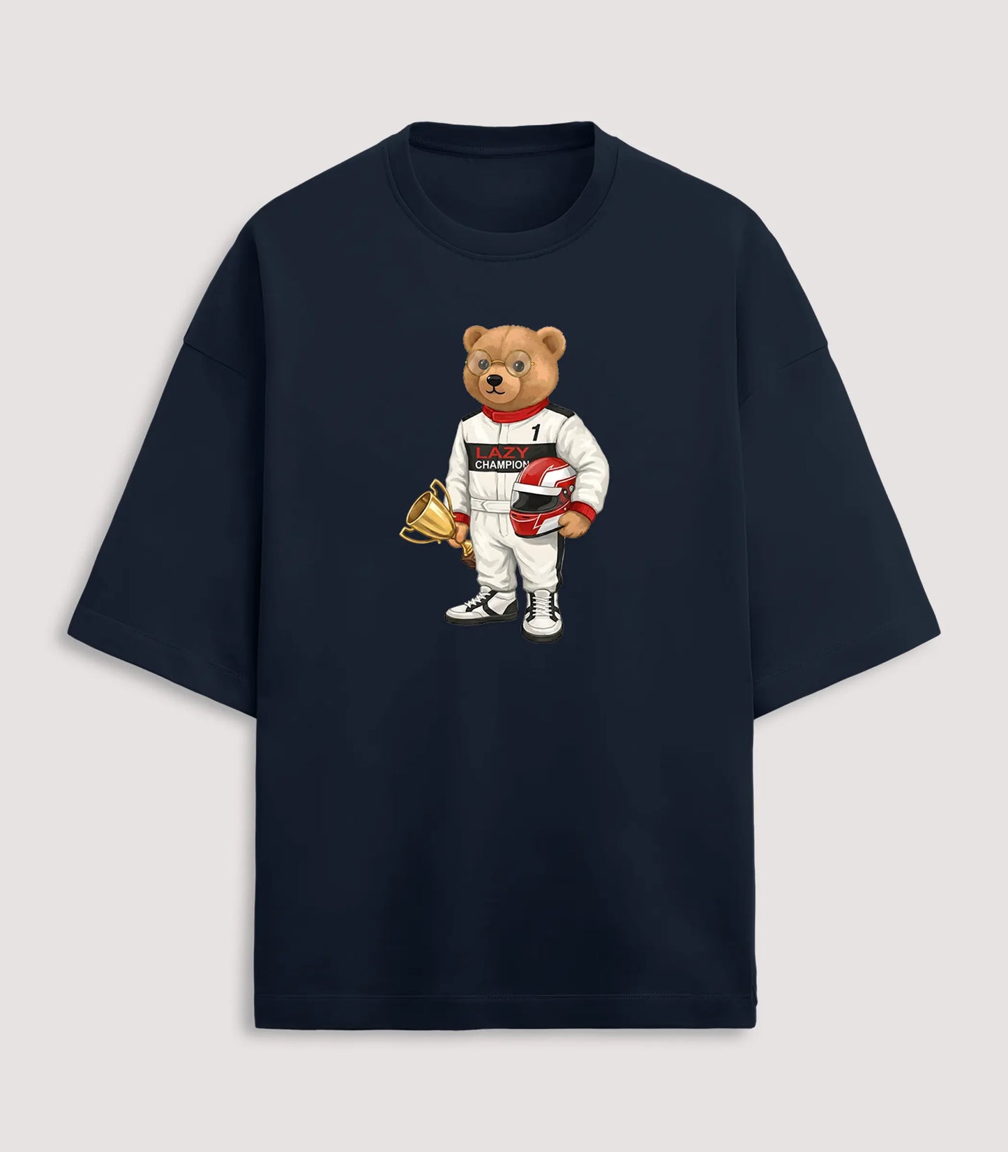 Racing Enthusiast Teddy Navy Blue Terry Oversized T-shirt (Heavyweight)