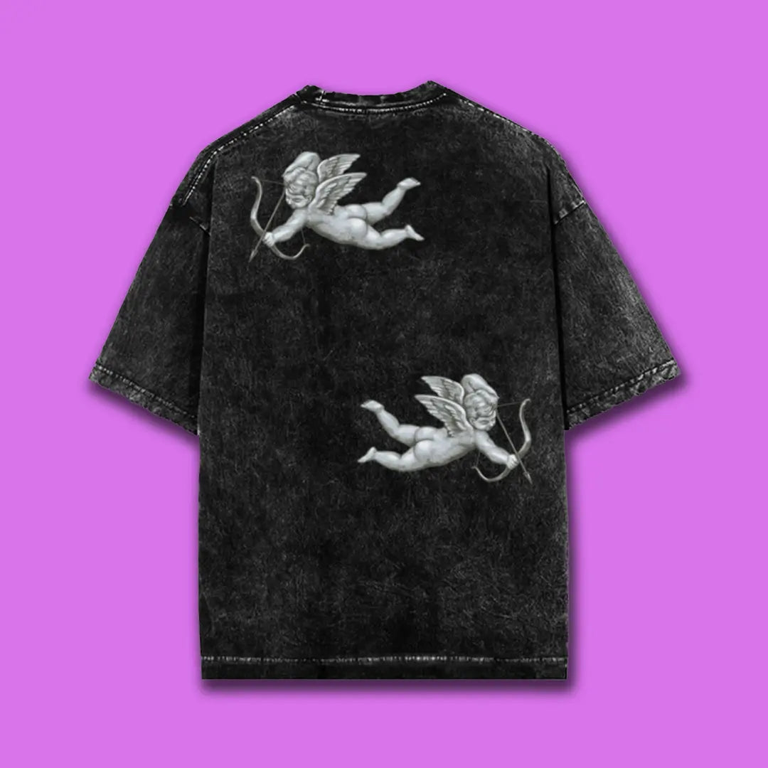 Lazy Cupid Love Black Acid Wash Oversized T-shirt