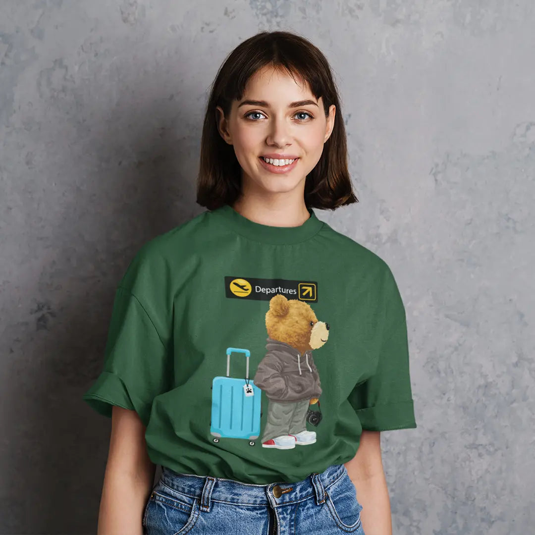Travelling Teddy Bottle Green Oversized T-shirt