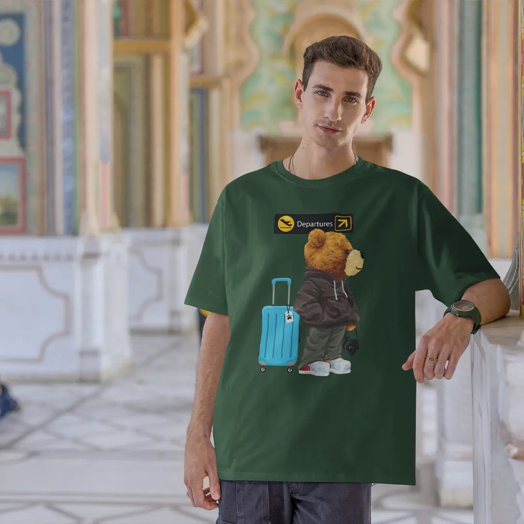 Travelling Teddy Bottle Green Oversized T-shirt