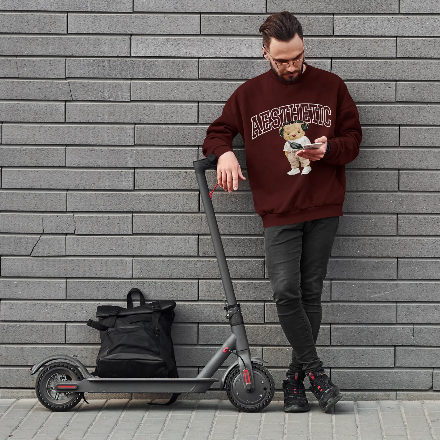 Aesthetic Teddy Maroon Oversized Sweatshirt (Heavyweight)