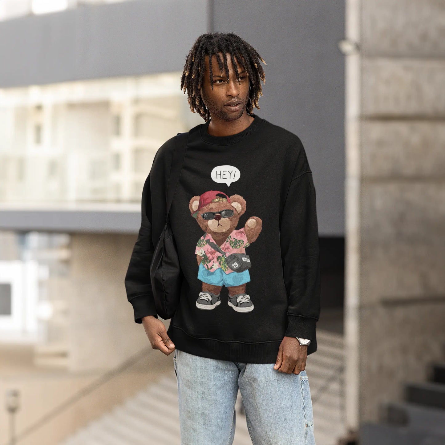 Beach Teddy Black Oversized Sweatshirt (Heavyweight)