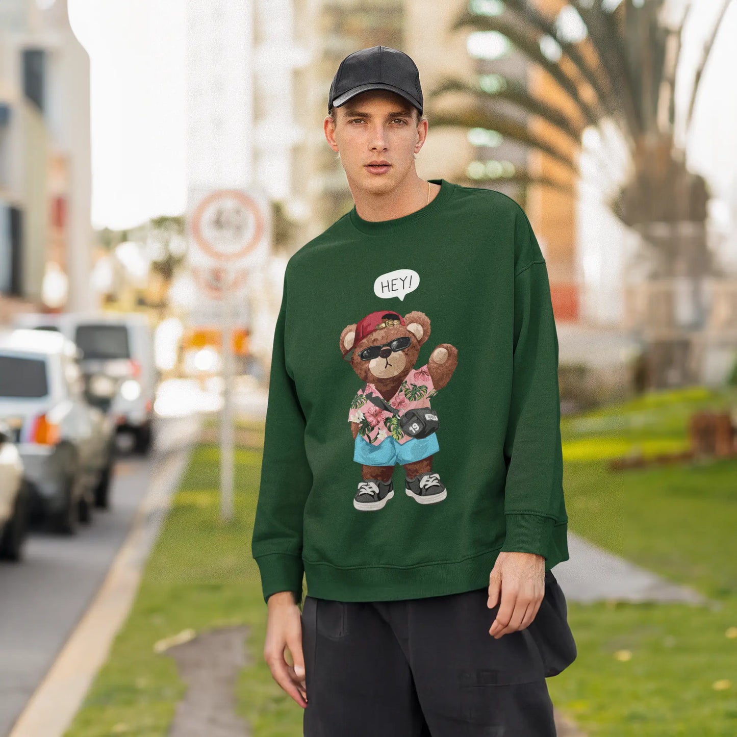Beach Teddy Bottle Green Oversized Sweatshirt (Heavyweight)