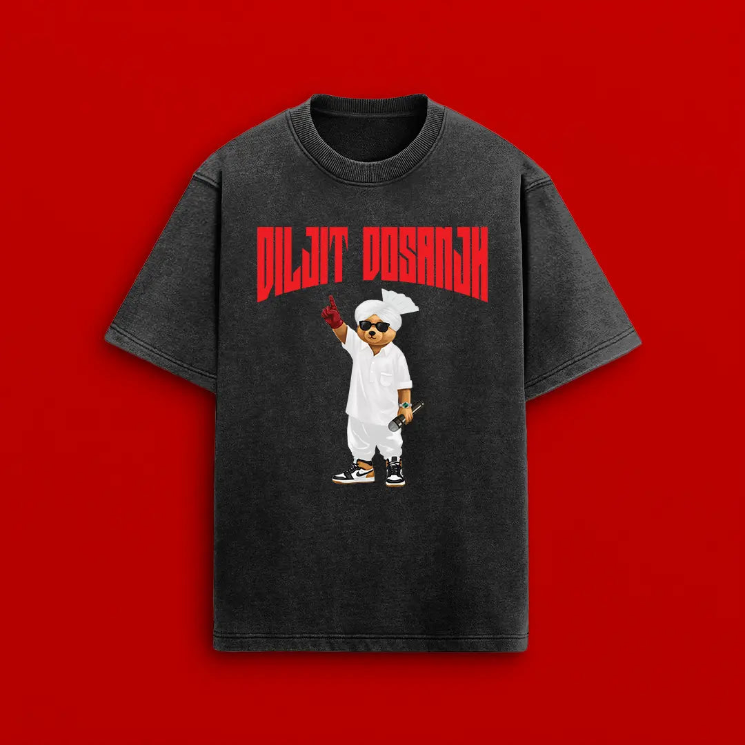 Diljit Dosanjh Teddy Black Acid Wash Oversized T-shirt