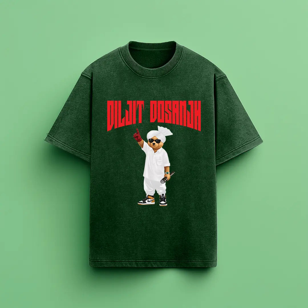 Diljit Dosanjh Teddy Bottle Green Acid Wash Oversized T-shirt