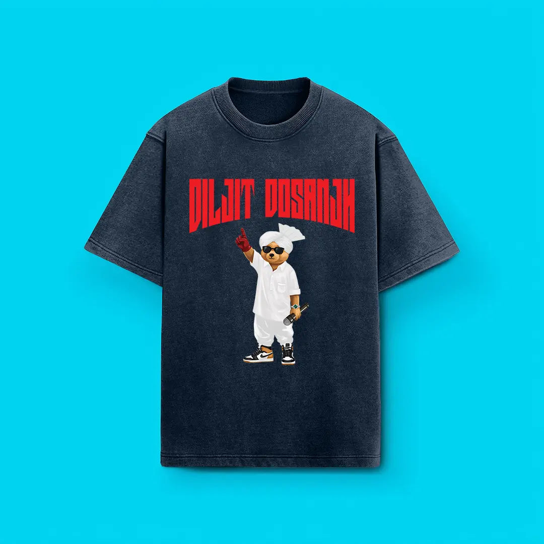 Diljit Dosanjh Teddy Navy Blue Acid Wash Oversized T-shirt