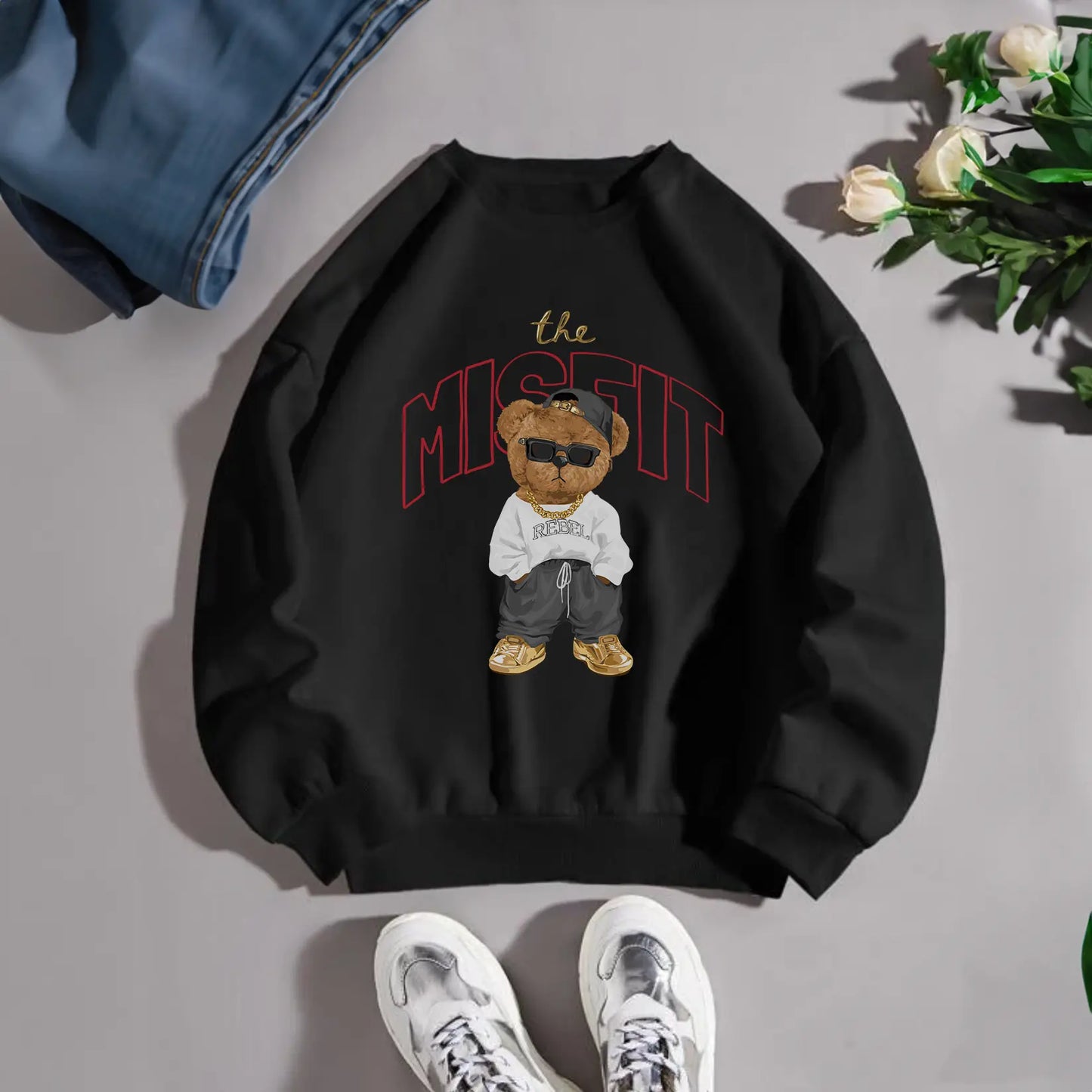 Misfit Teddy Black Oversized Sweatshirt (Heavyweight)