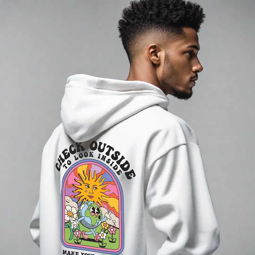 Check Outside White Oversized Hoodie (Heavyweight)