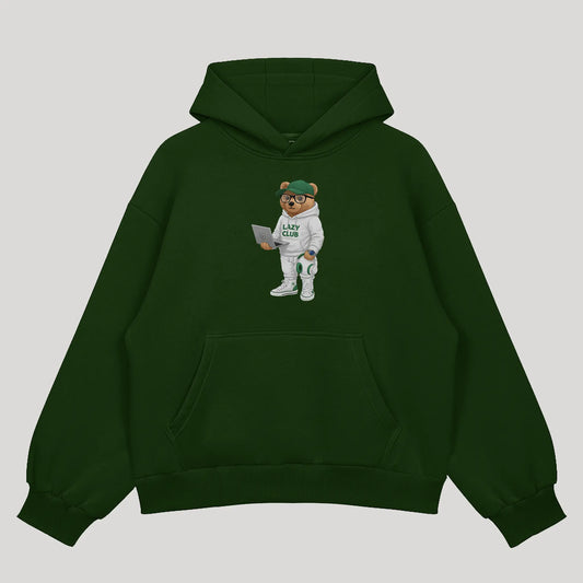College Student Teddy Bottle Green Oversized Hoodie (Heavyweight)