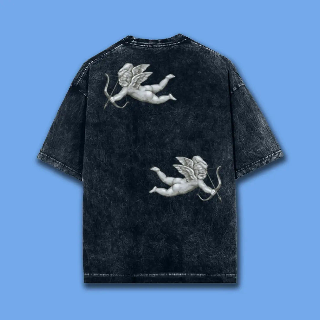 Lazy Cupid Love Navy Blue Acid Wash Oversized T-shirt