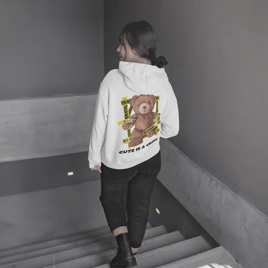 Warning Bear White Oversized Hoodie (Heavyweight)