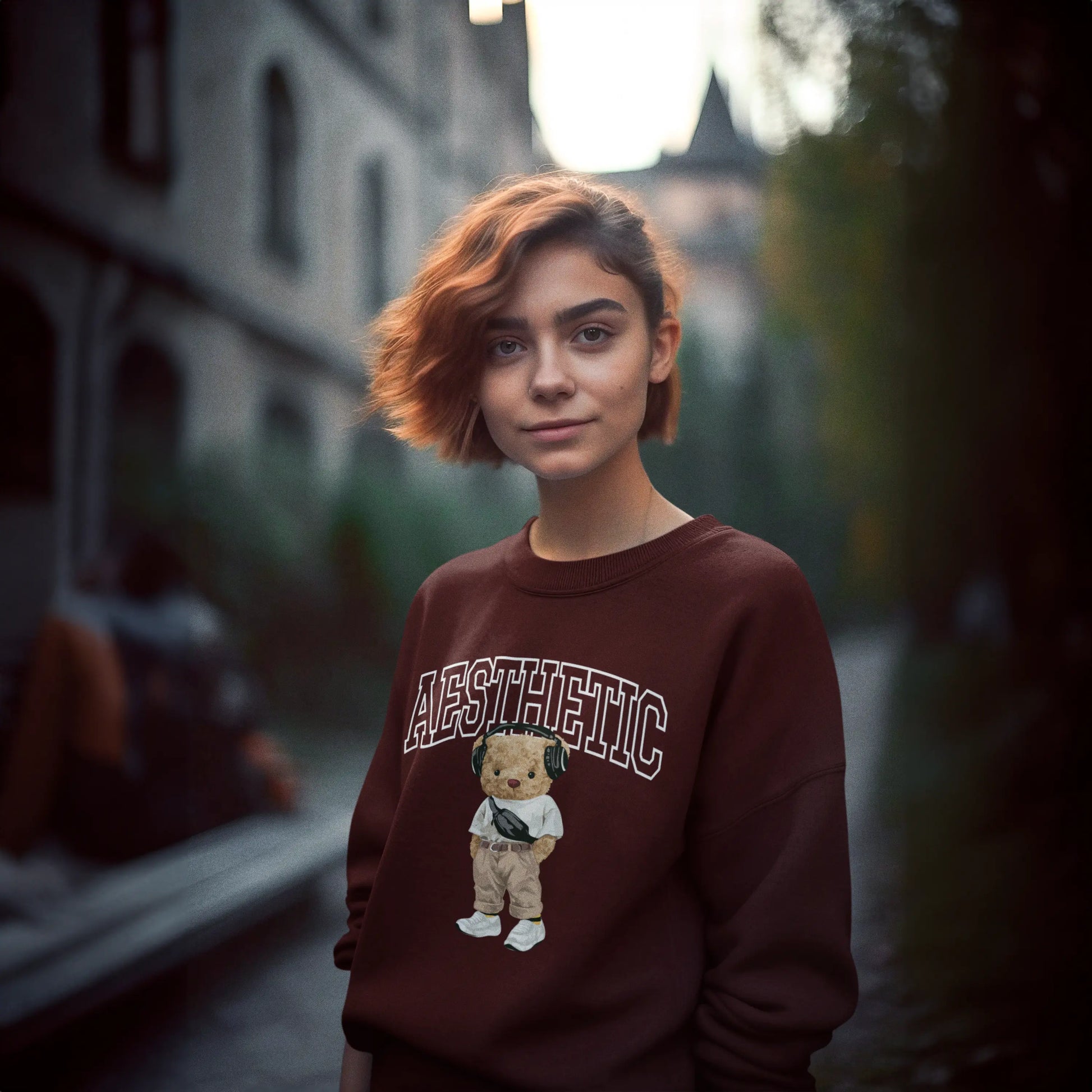 Aesthetic Teddy Maroon Oversized Sweatshirt (Heavyweight)
