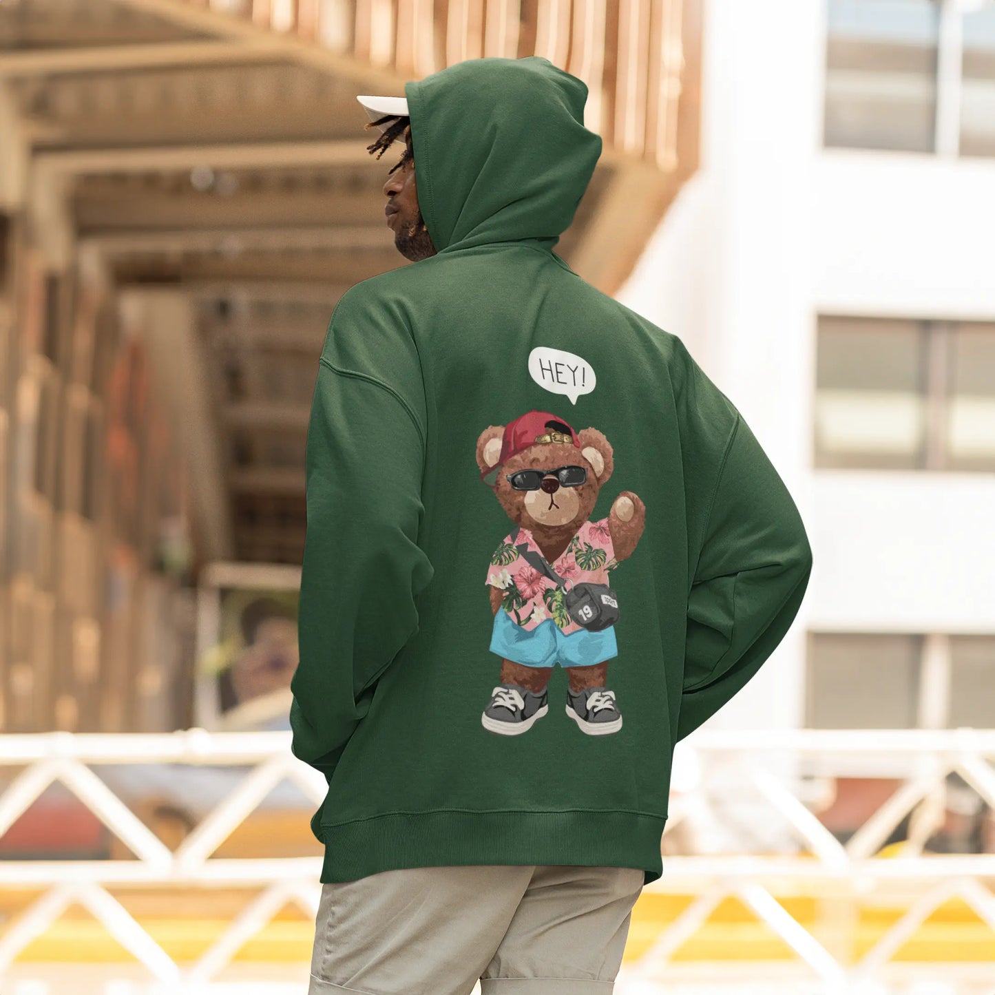 Beach Teddy Bottle Green Oversized Hoodie Heavyweight S